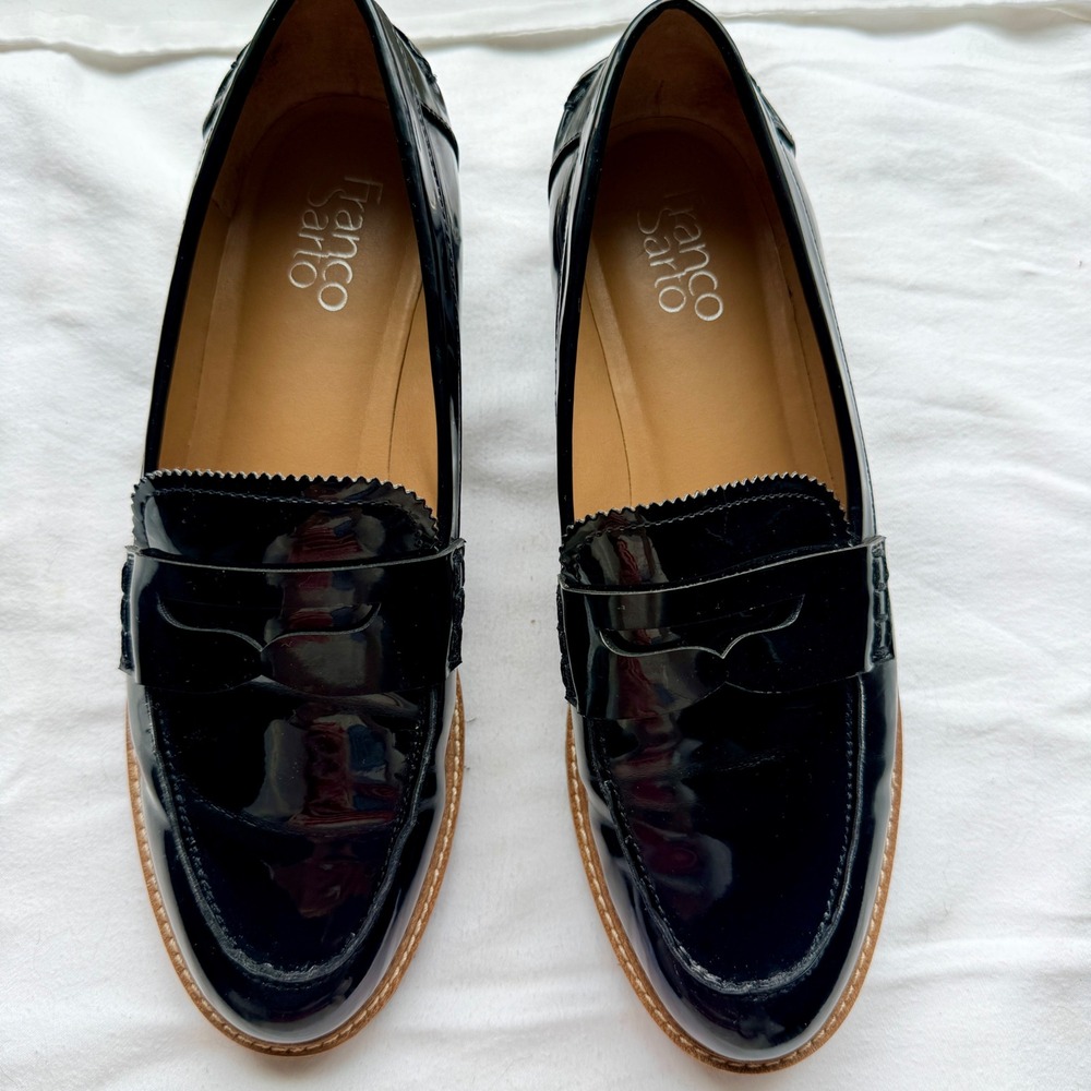 Franco Sarto Cedra Black Patent Leather Penny Loafers Platform Shoes Size 8